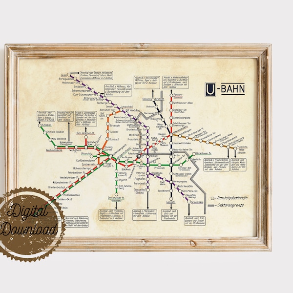 Vintage Berlin Ubahn Map - Digital Download - Vintage German Travel Art Poster - Printable Vintage Travel Art - Metro Map