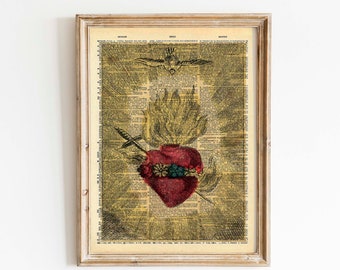 Vintage Buchdruck - Antike Sacred Heart Kunst - Upcycled Antique Book Print - Dark Gothic Art - Katholischer Kunstdruck