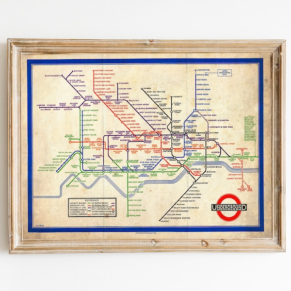 Vintage 1938 London Underground Map Print: Antique Tube Travel Poster