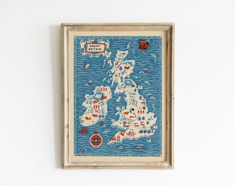 Vintage Great Britain Map - Reproduction Art Print of England - Vintage Travel Art - Mid Century Modern Decor