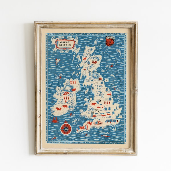 Vintage Great Britain Map - Reproduction Art Print of England - Vintage Travel Art - Mid Century Modern Decor