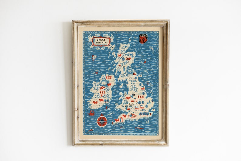 Vintage Great Britain Map Reproduction Art Print of England Vintage Travel Art Mid Century Modern Decor image 1