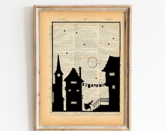 Vintage Book Art Print - Fairytale Silhouette - Cinderella Fairy Tale - Town Village Print - Altered Art Book Print - Vintage Dictionary