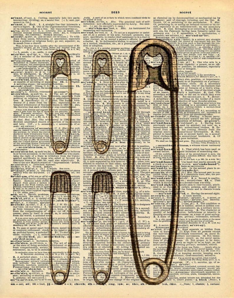 Upcycled Vintage Book Print Sewing Room Decor Punk Art Altered Book Art Vintage Dictionary Print Safety Pins Print
