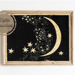 Digital Download - Moon and Stars Art - Elegant Paper Cut - Night Sky - Black and White Sepia - Natural History Papercut Illustration