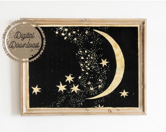 Digital Download - Moon and Stars Art - Elegant Paper Cut - Night Sky - Black and White Sepia - Natural History Papercut Illustration