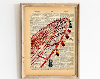 Vintage Book Art Print - Ferris Wheel - Upcycled Antique Book Print - Vintage Carnival Circus Art