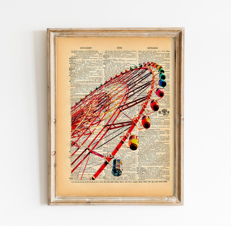 Vintage Book Art Print Ferris Wheel Upcycled Antique Book Print Vintage Carnival Circus Art image 1