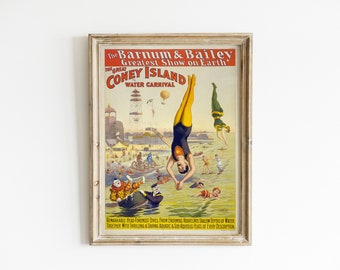 Vintage Circus Poster - The Great Coney Island - Vintage Americana Carnival Print - Moustache Man Acrobat - Victorian Carnival