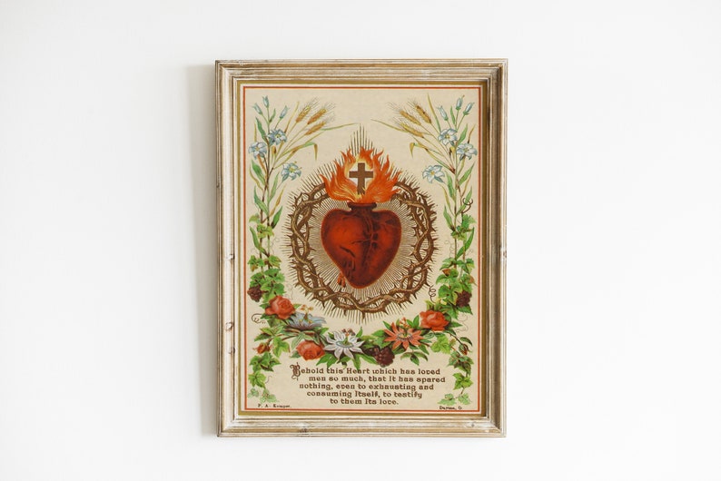 Vintage Sacred Heart Print Gothic Wall Decor Catholic Surreal Antique Art Print Spooky Home Decor Religious Art Dark Vintage imagem 1