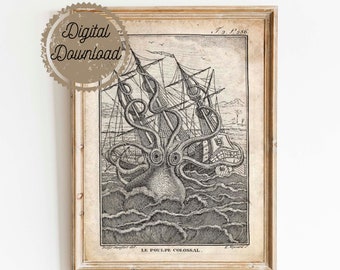 Digital Download - Vintage Illustration - Giant Squid - Cryptozoology Art - Natural History Nautical Art Print