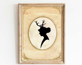 Papercut Art - Elegant Silhouette - Deer Antlers - Woodland Whimsical Art Print - Elegant Nursury Art Vintage Fairy Tale