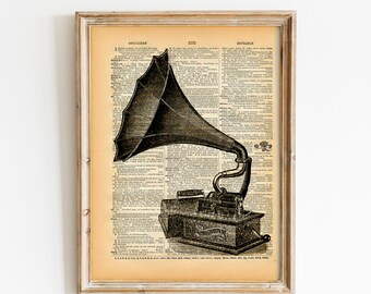 Antique Gramophone Book Art Print - Victorian Steampunk Art - Vintage Record Player - Music Decor - Old Book Print