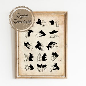Digital Download - Vintage Illustration - Shadow Puppets - Silhouette Print - Children&#39;s Art - Whimsical Nursery Art