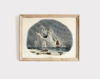 Antique Nature Print - Arctic Iceberg Art - Victorian Nautical Nature Illustration - Winter Scene Art Print