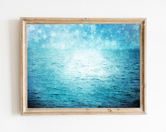 Surreal Blue Ocean Photograph - Starry Sky Photo - Dreamy Blue Sea Landscape - Nature Photography