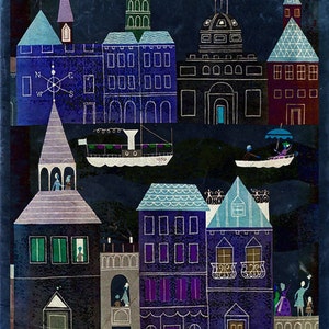 Vintage Fairy Tale Illustration European Travel City at Night Art Print Vibrant Bright Color image 2