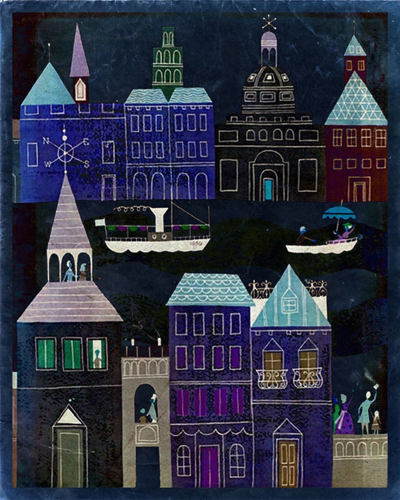 Vintage Fairy Tale Illustration European Travel City at Night Art Print Vibrant Bright Color image 2