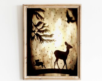 Fotografía surrealista de un bosque - Impresión artística de un ciervo - Fotografía de collage - Arte de cuento de hadas - Impresión fotográfica de un bosque de ensueño - Silueta de animal