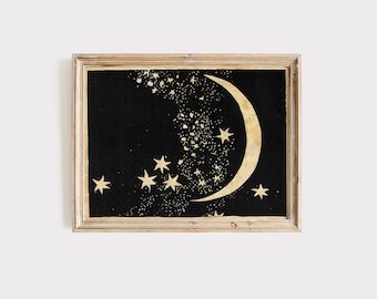 Moon and Stars Art Print - Elegant Paper Cut - Night Sky - Black and White Sepia - Natural History Papercut Illustration - Outer Space Art