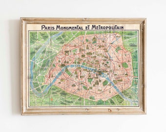 Vintage Paris Map Print: Monumental & Metro, European Travel