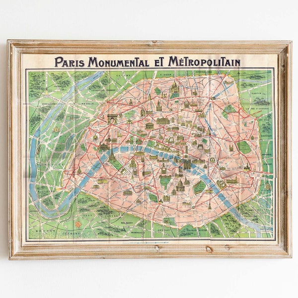 Mappa turistica d'epoca di Parigi - Parigi Monumental et Metro - Mappa antica dell'Europa - Turismo di viaggio europeo