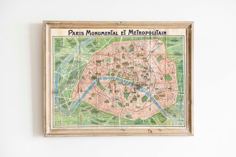 Vintage Paris Tourist Map Paris Monumental et Metro Europe Antique Map European Travel Tourism image 1