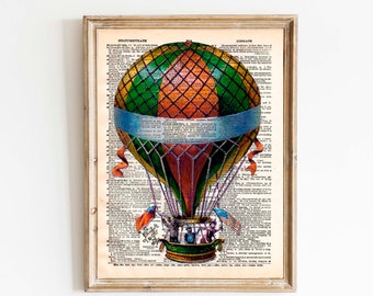 Hot Air Balloon Print - Vintage Book Page Print - Recycled Antique Book Print - Carnival Victorian Steampunk Airship