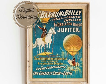 Digital Download - Antique Circus Poster - Jupiter the Balloon Horse - Vintage Americana Carnival Print - Victorian Horse Art