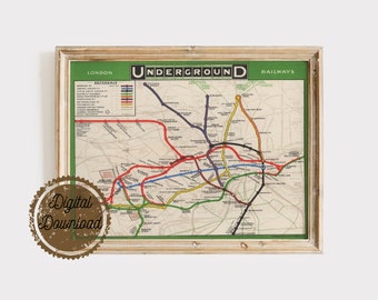 Vintage London Underground Map - Digital Download - 1908 Victorian England Poster - Printable Vintage Travel Art - The Tube Map - Anglophile