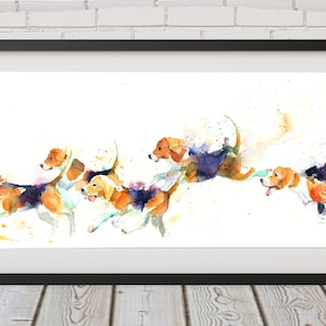 Contemporary art print, watercolour painting print, chasing HOUNDS, beagle dogs wall art, home decor, nursery art,  wildlife, illustration