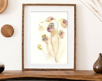 Pretty floral art print of my honesty and poppy seedheads watercolour painting.  Honesty flower illustration wall art home office decor