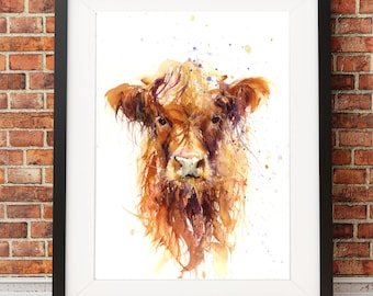 Cow watercolour art print, colourful animal art.