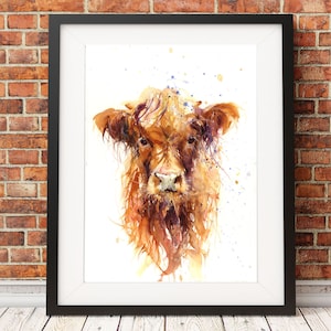 Kuh Aquarellkunstdruck, bunte Tierkunst.