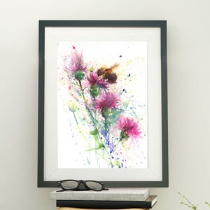 Bee print LIMITED edition &#39;bee on Knapweeds&#39; wildflower floral original watercolour painting illustration wall art home  decor hand signed