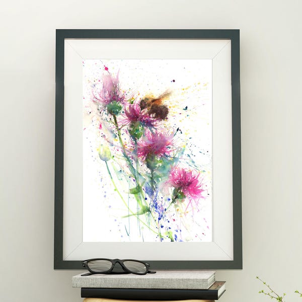 Bee print LIMITED edition 'bee on Knapweeds' wildflower floral original watercolour painting illustration wall art home  decor hand signed