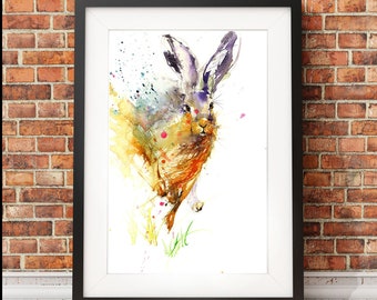 Aquarelprint blauwe haas: dierenkunst in beperkte oplage