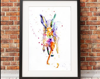 Aquarelprint blauwe haas: dierenkunst in beperkte oplage