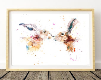 Kissing hares watercolour art print from original watercolour painting. Hare watercolour print. Beautiful animal art.