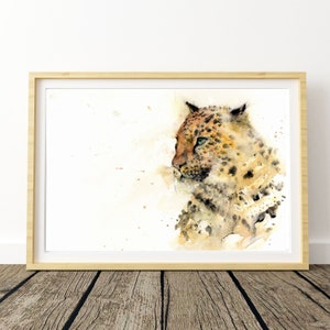 May include: Watercolor painting of a leopard with green eyes, set against a white background with brown watercolor splatters.