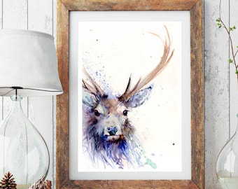 Highland stag art watercolour print, majestic red deer wildlife art, wildlife animal art, hand signed limited edition print,