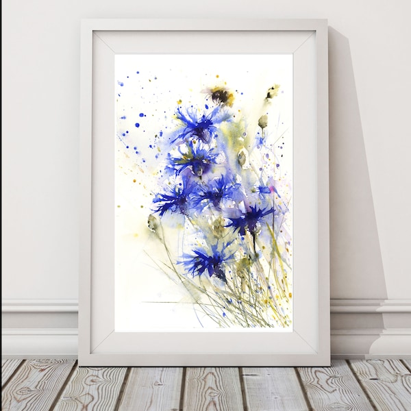 Bees on a blue flower cornflower art print from original watercolour painting.
