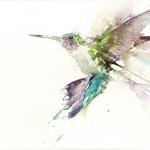 May include: Watercolour painting of a hummingbird in flight against a white background. The hummingbird is painted in shades of green, blue, and brown. The wings are spread out and the tail feathers are visible.