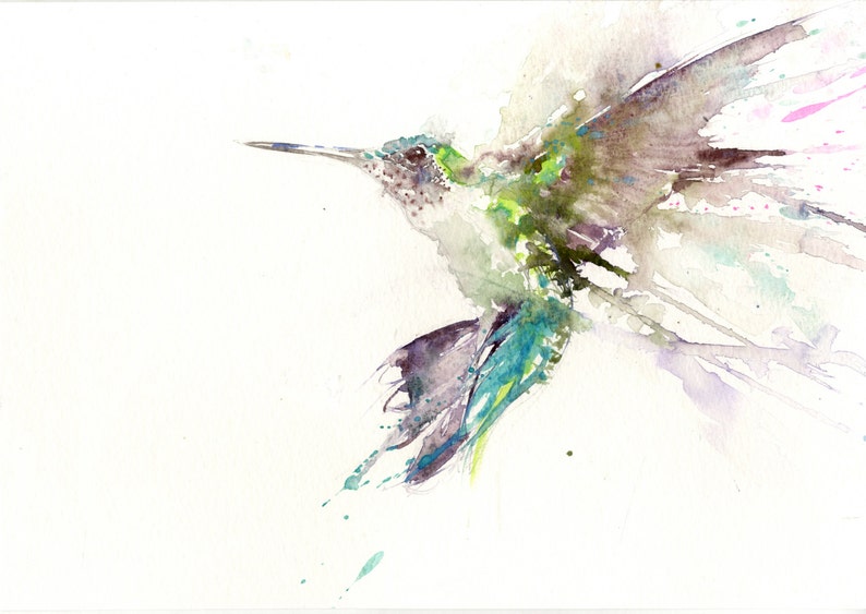May include: Watercolour painting of a hummingbird in flight against a white background. The hummingbird is painted in shades of green, blue, and brown. The wings are spread out and the tail feathers are visible.