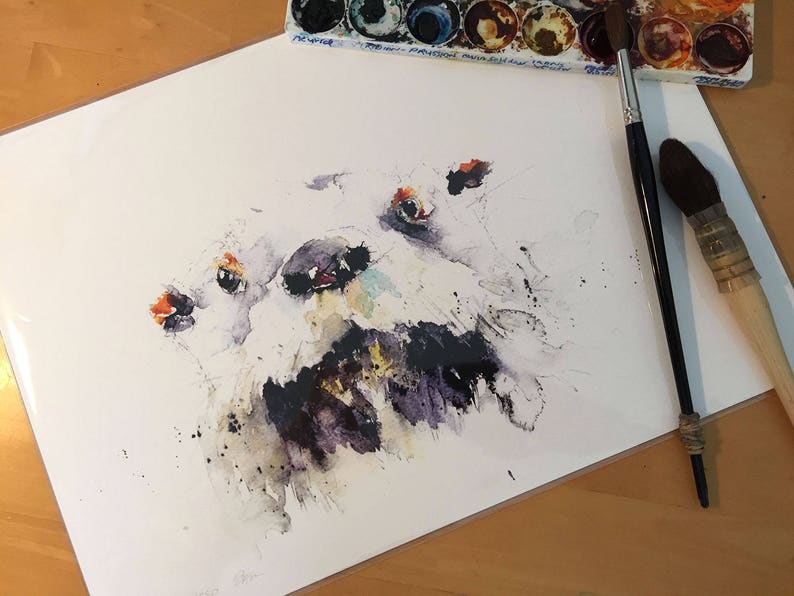 May include: Watercolour painting of a white dog's face with black and purple accents. The dog's eyes are open and the mouth is slightly open.