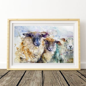 Stampa di pecore, tre pecore in edizione limitata da acquerello originale, arte murale, arredamento per la casa, arte per bambini, arte di animali selvatici da fattoria, firmata
