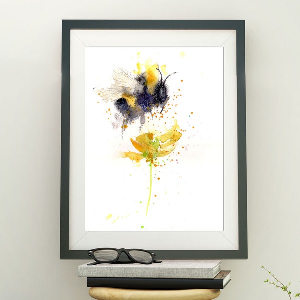 Bee print fine art archival watercolour print  BUMBLE BEE on a buttercup insect art print, wall art, original art to frame hand signed