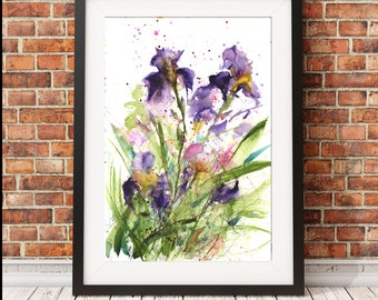 Pretty floral art print of cottage garden flag iris flowers from original watercolour painting.   hand-signed and numbered.