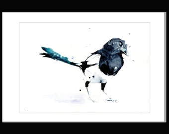 Impression de pie en édition limitée, aquarelle d'oiseaux en noir et blanc, art animalier signé