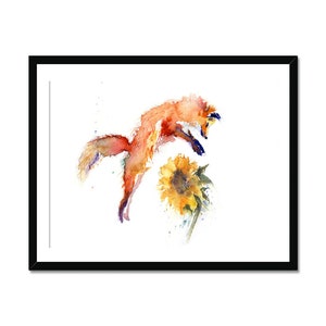 Fox and sunflower print, LIMITED edition , home decor, nursery art, wildlife animal art.  hand signed, illustration, animal art